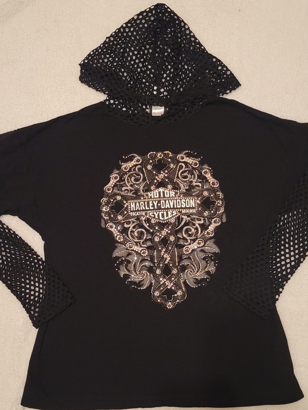 Harley-Davidson Women’s Black Rhinestone Hooded Top Fishnet Crochet Y2K XL